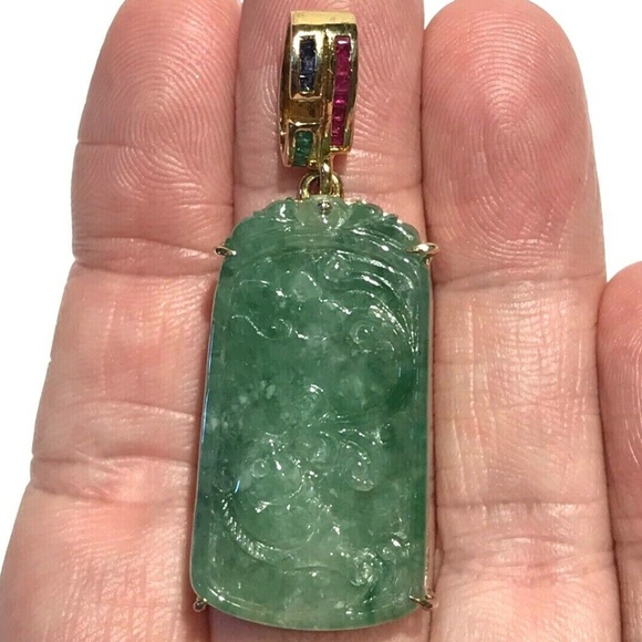 Vtg Signed Gilt 925 Sterling Carved Fish Jade Pendant Emerald Sapphire Ruby - Picture 12 of 12